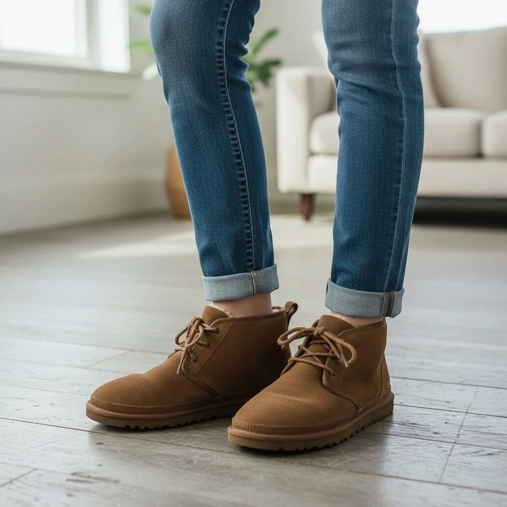 UGG Neumel Suede Chukka Boots Chestnut Brown Mens8 3236 Lace Up Sheepskin Lining